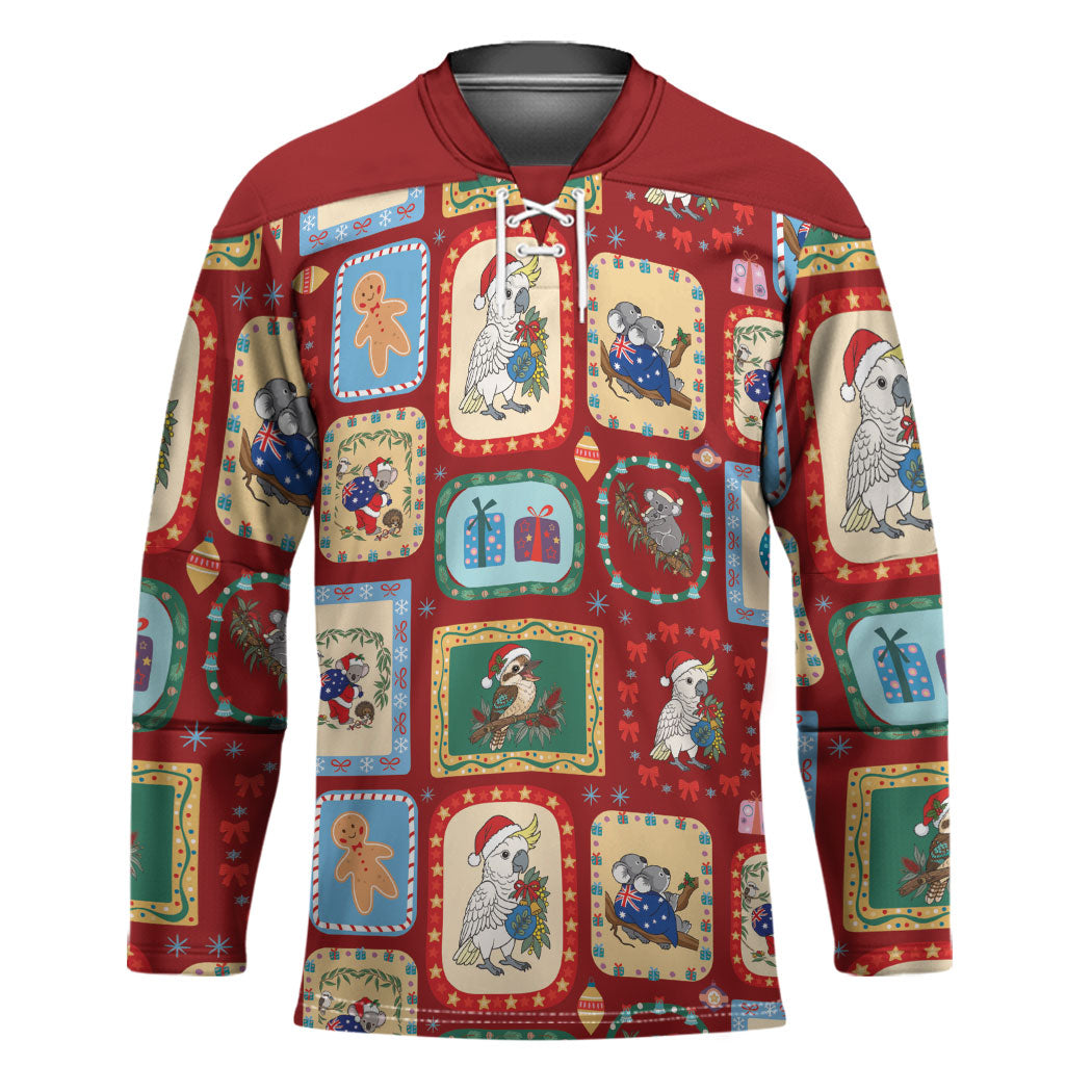 Australia Wildlife Christmas Stamp Hockey Jersey Red Aussie Native Animal Seamless Pattern