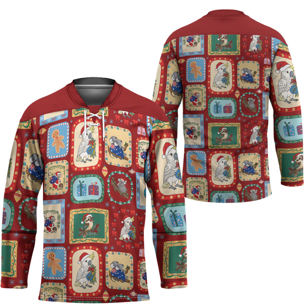 Australia Wildlife Christmas Stamp Hockey Jersey Red Aussie Native Animal Seamless Pattern