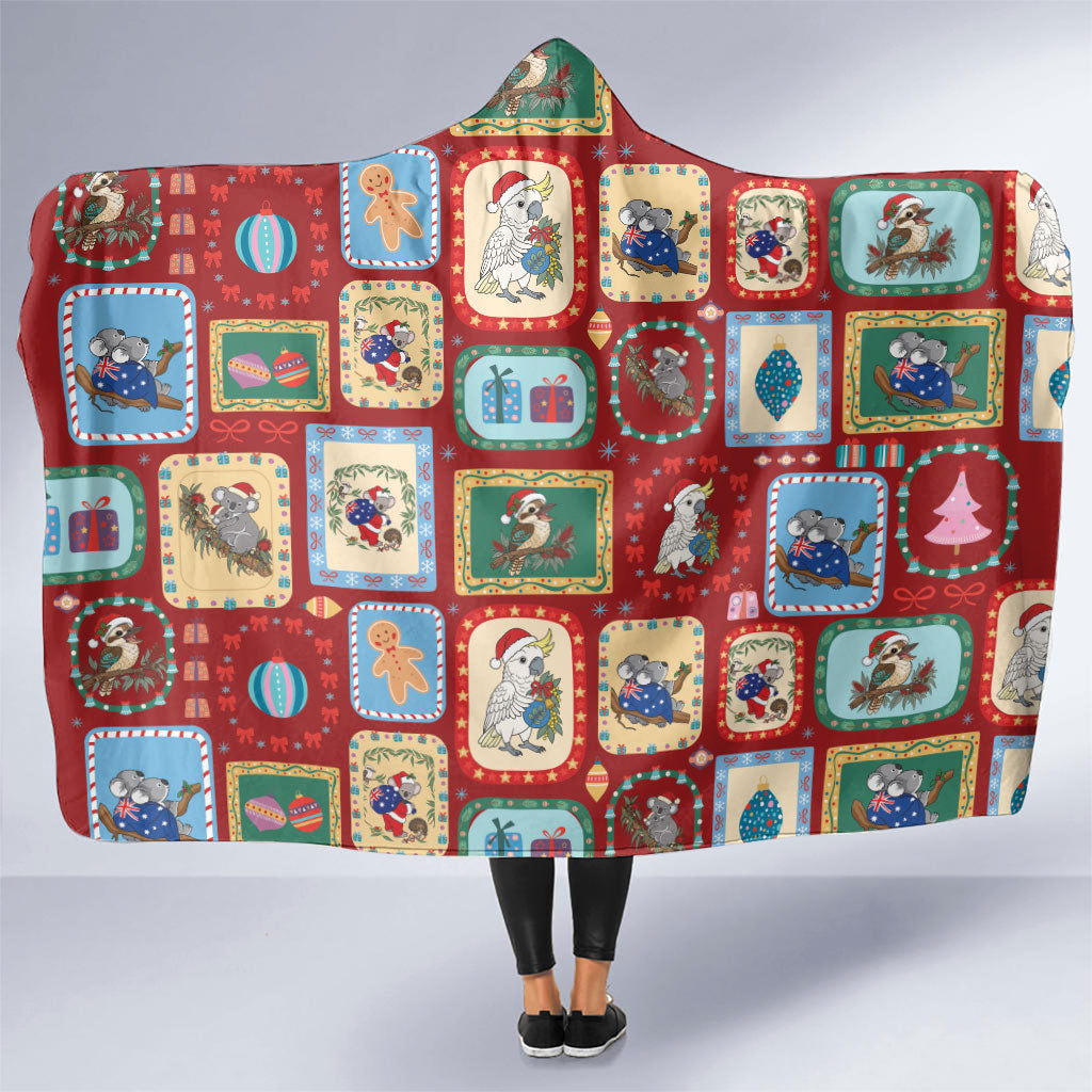 Australia Wildlife Christmas Stamp Hooded Blanket Red Aussie Native Animal Seamless Pattern