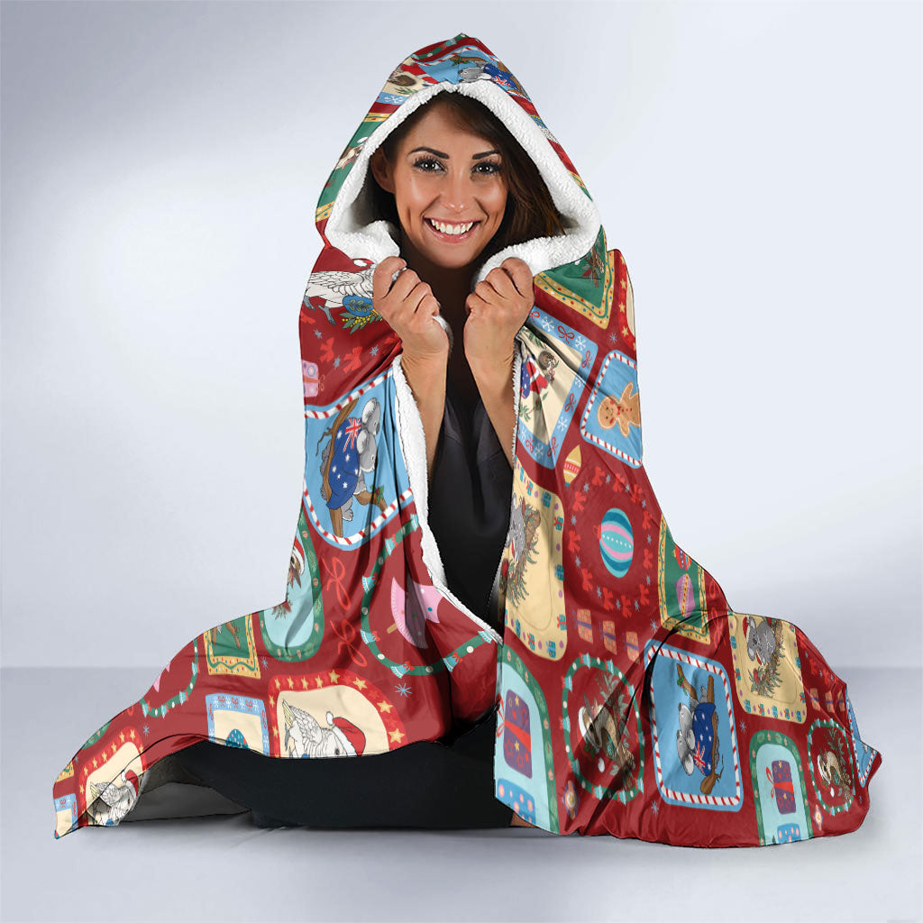 Australia Wildlife Christmas Stamp Hooded Blanket Red Aussie Native Animal Seamless Pattern