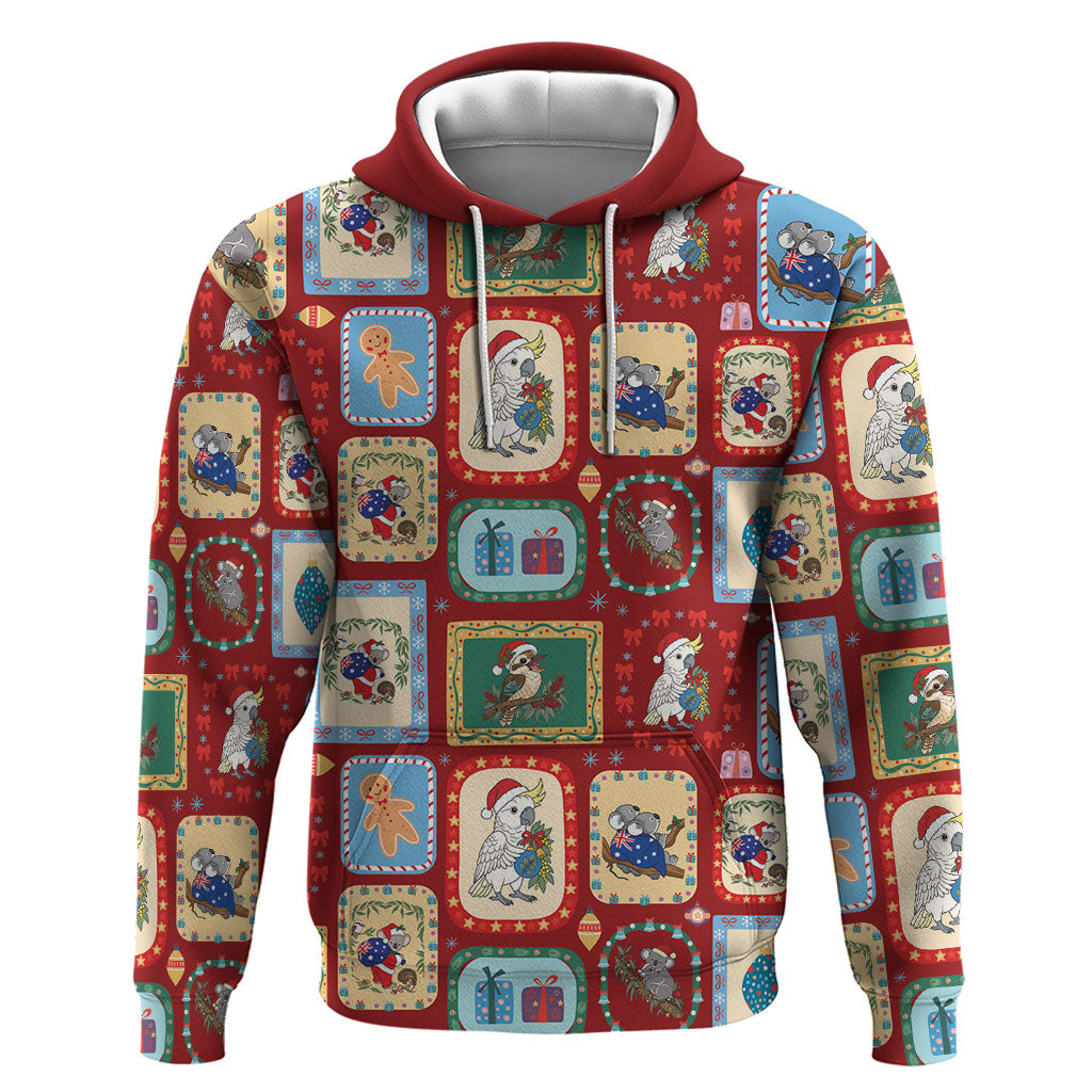 Australia Wildlife Christmas Stamp Hoodie Red Aussie Native Animal Seamless Pattern