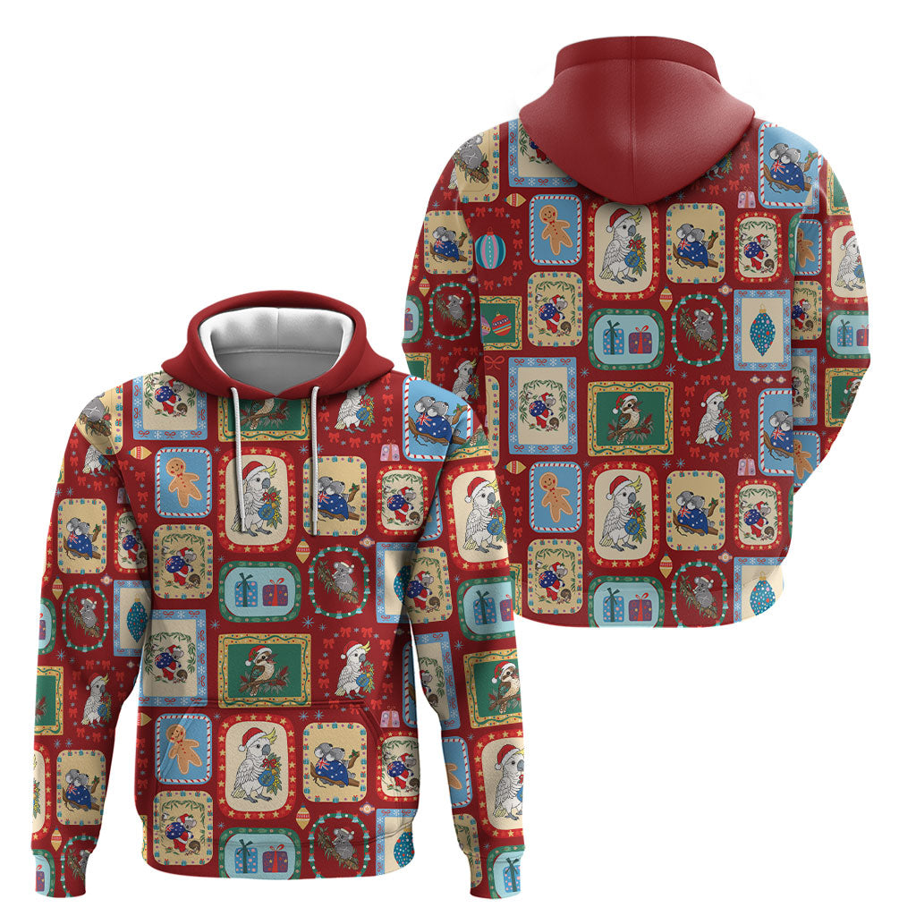 Australia Wildlife Christmas Stamp Hoodie Red Aussie Native Animal Seamless Pattern