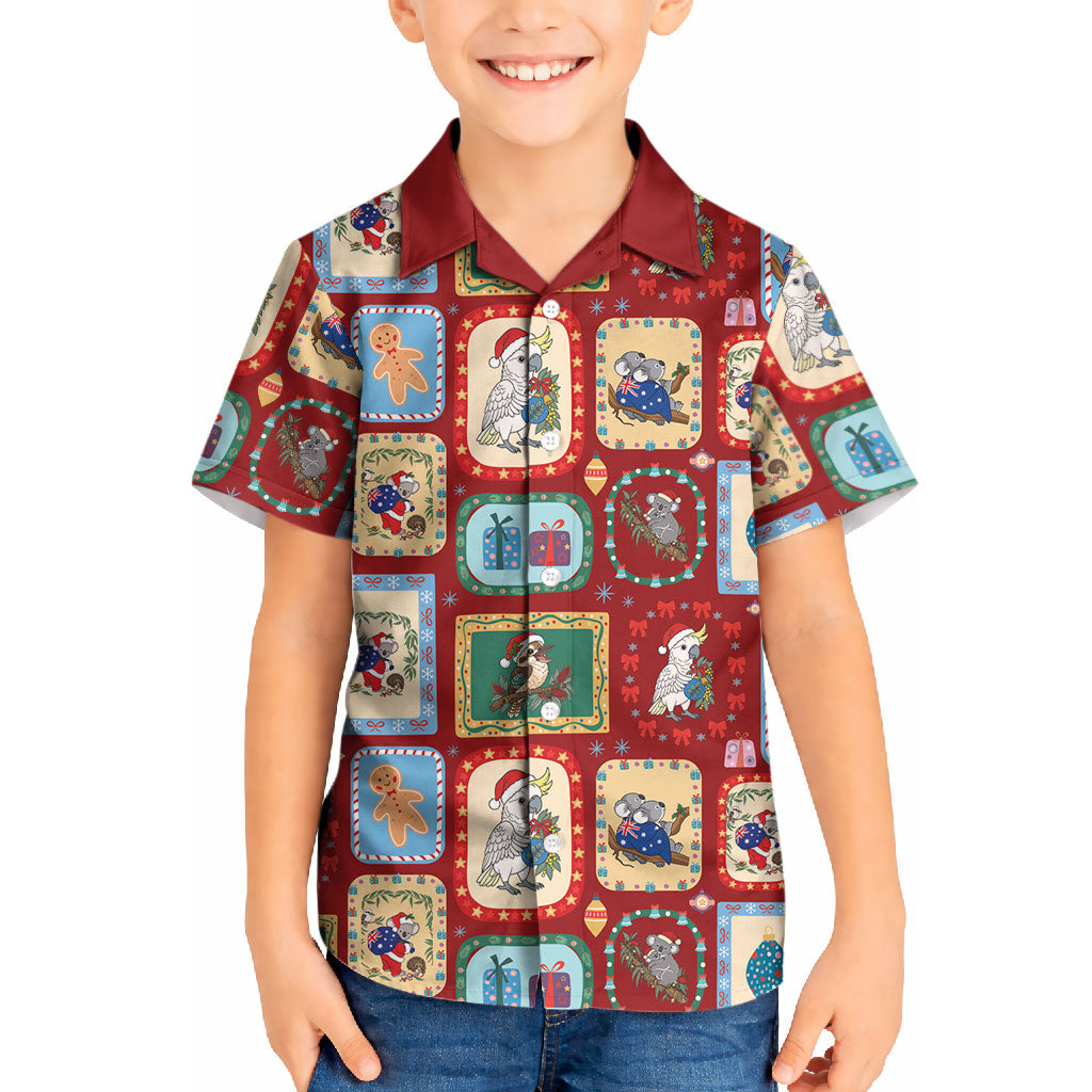 Australia Wildlife Christmas Stamp Kid Hawaiian Shirt Red Aussie Native Animal Seamless Pattern