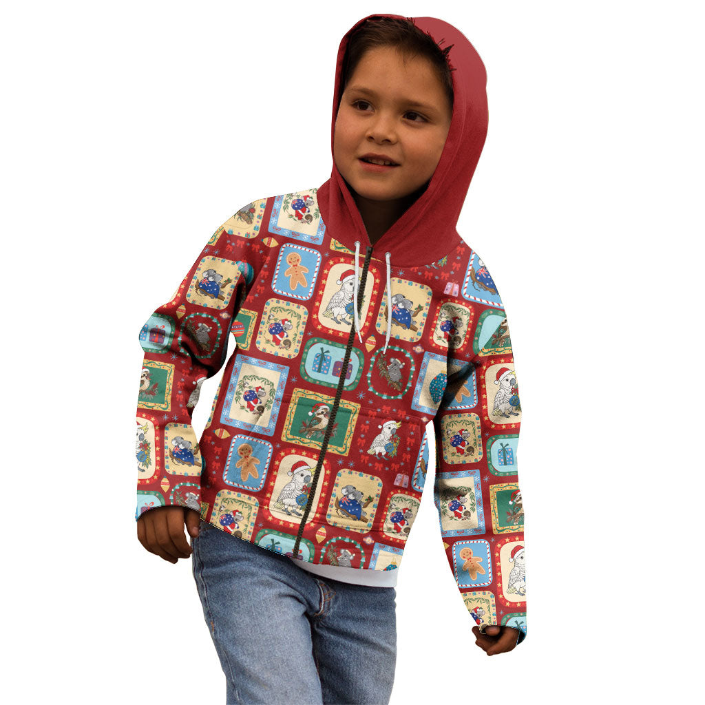 Australia Wildlife Christmas Stamp Kid Hoodie Red Aussie Native Animal Seamless Pattern