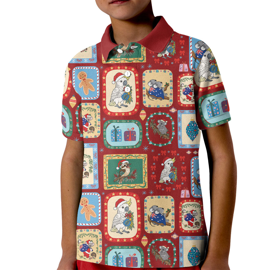 Australia Wildlife Christmas Stamp Kid Polo Shirt Red Aussie Native Animal Seamless Pattern