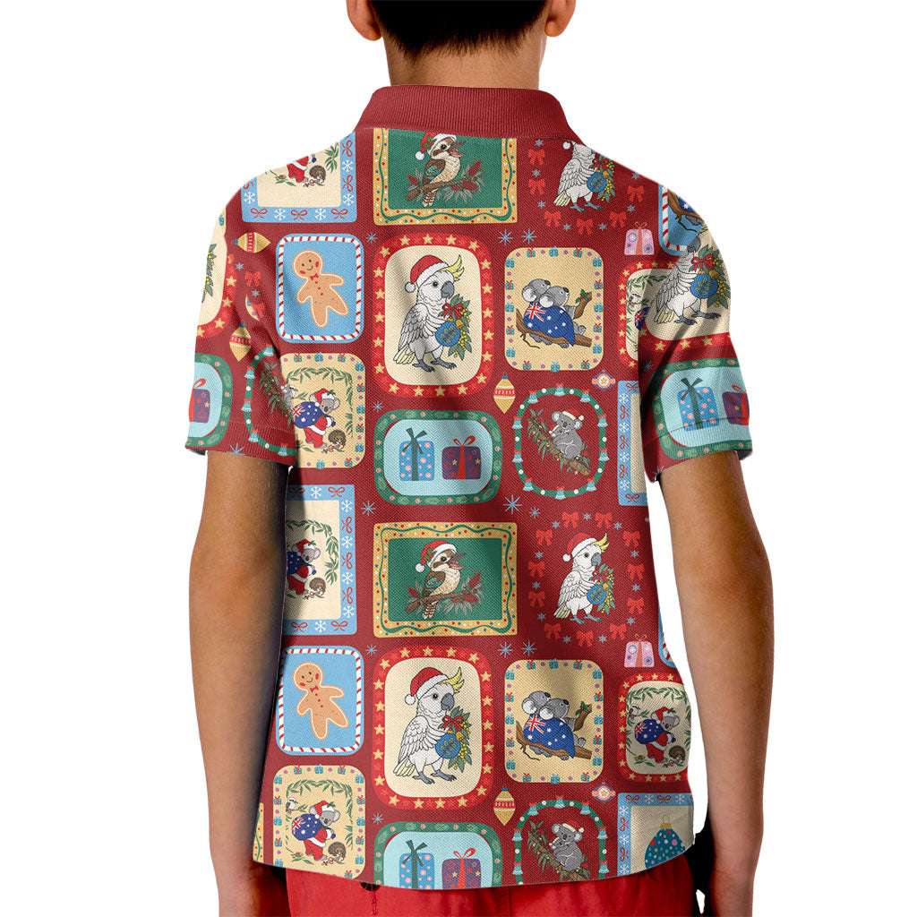 Australia Wildlife Christmas Stamp Kid Polo Shirt Red Aussie Native Animal Seamless Pattern