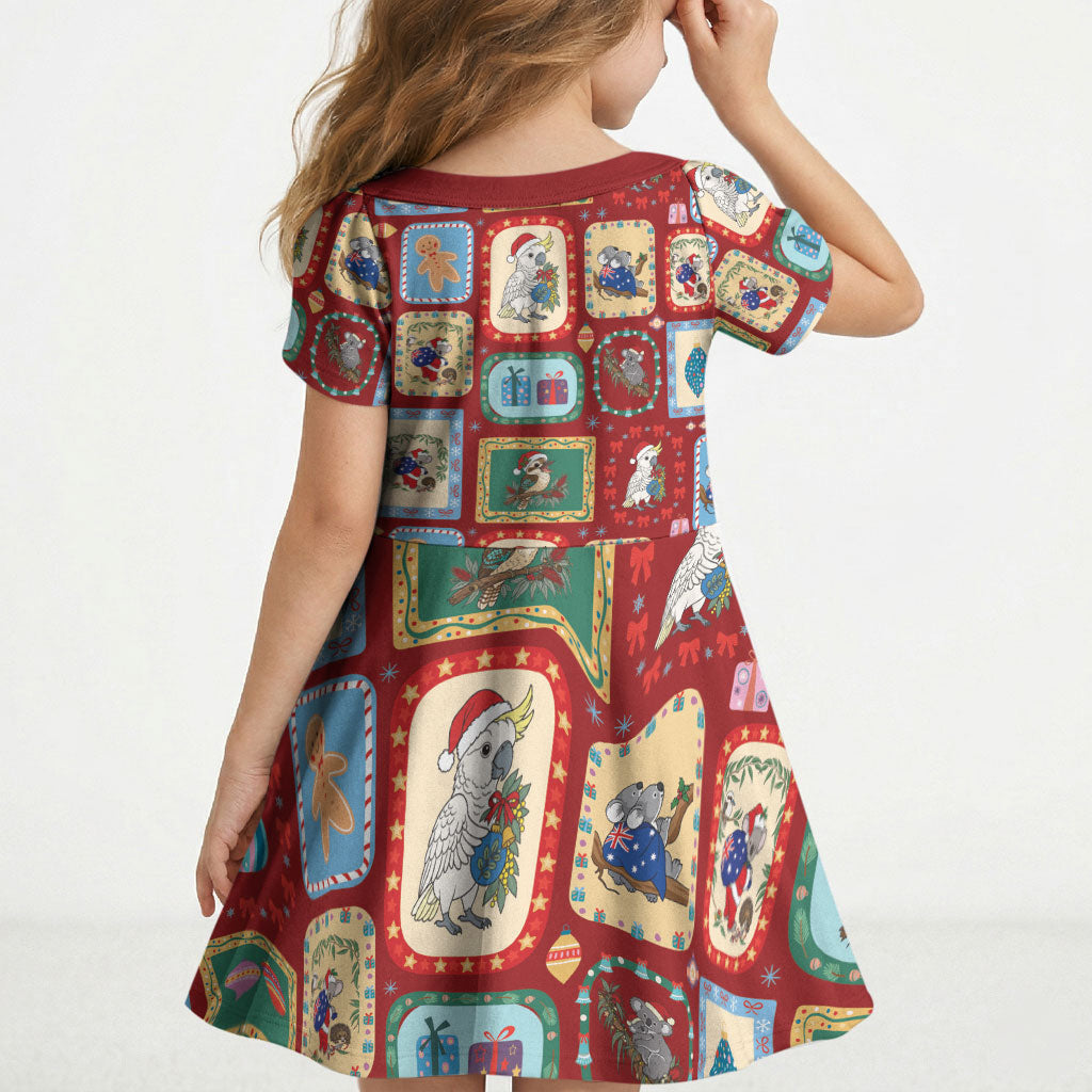 Australia Wildlife Christmas Stamp Kid Short Sleeve Dress Red Aussie Native Animal Seamless Pattern
