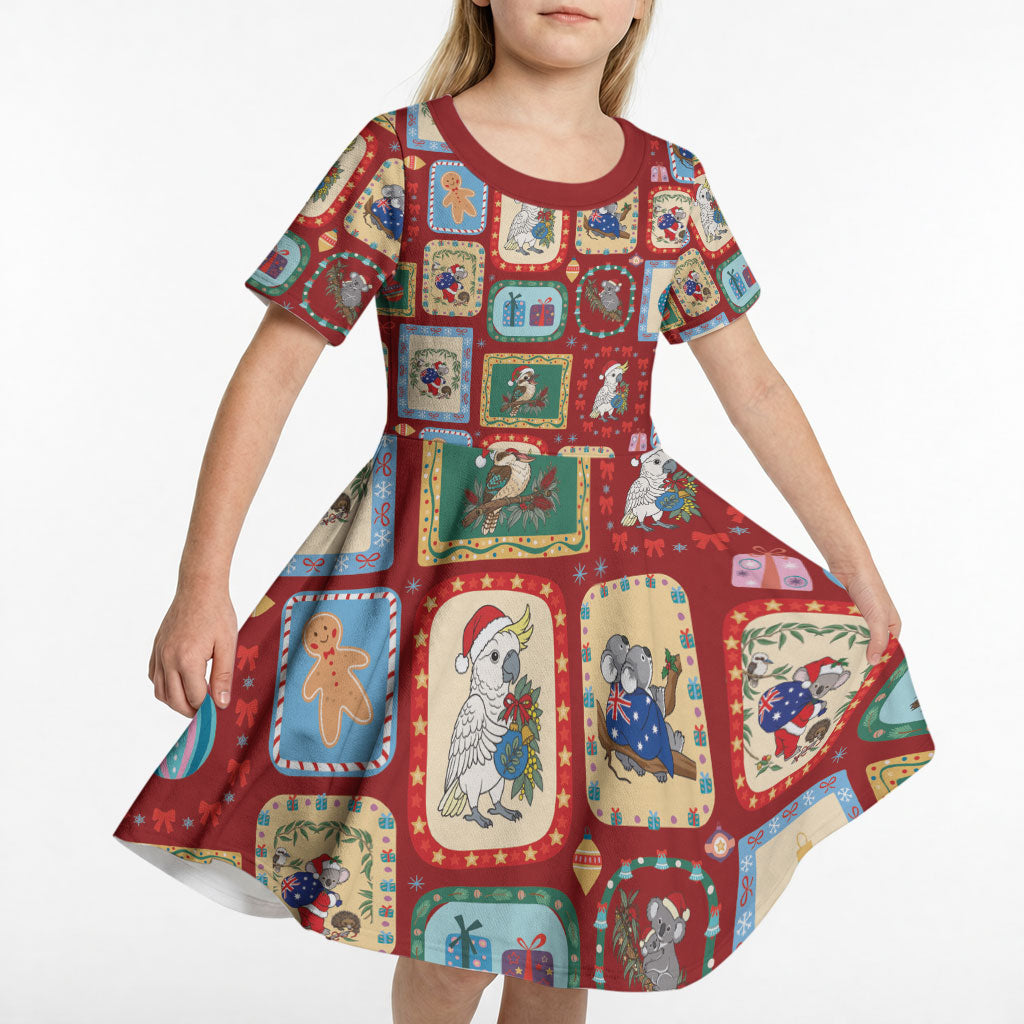 Australia Wildlife Christmas Stamp Kid Short Sleeve Dress Red Aussie Native Animal Seamless Pattern