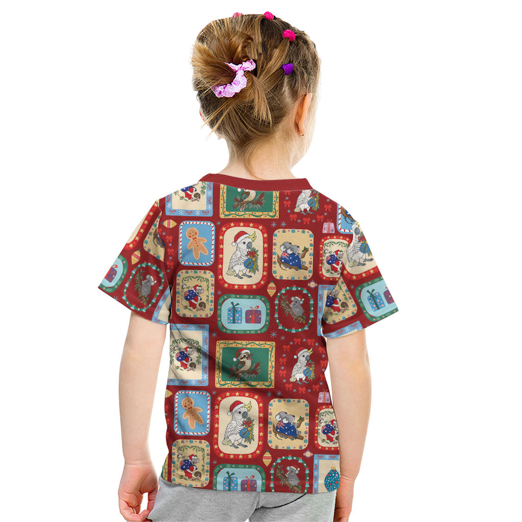 Australia Wildlife Christmas Stamp Kid T Shirt Red Aussie Native Animal Seamless Pattern