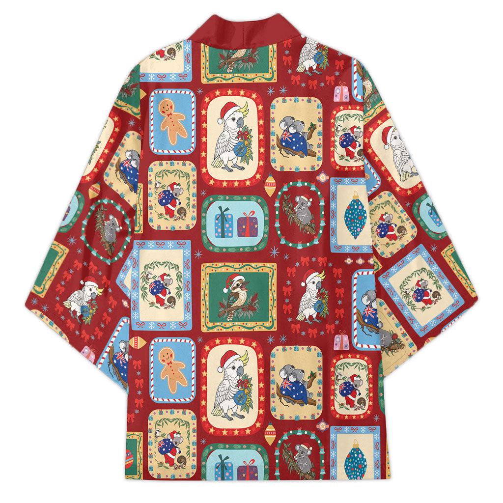 Australia Wildlife Christmas Stamp Kimono Red Aussie Native Animal Seamless Pattern
