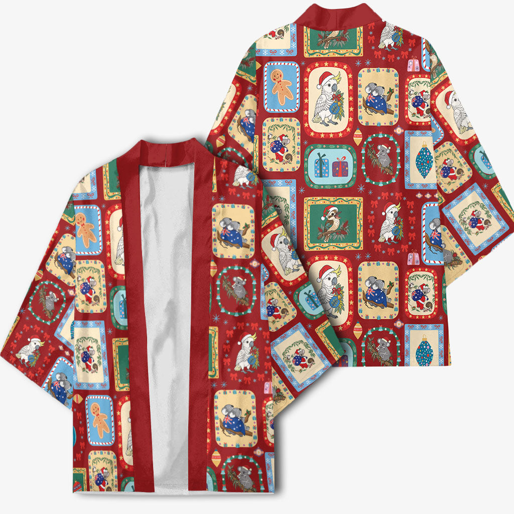 Australia Wildlife Christmas Stamp Kimono Red Aussie Native Animal Seamless Pattern