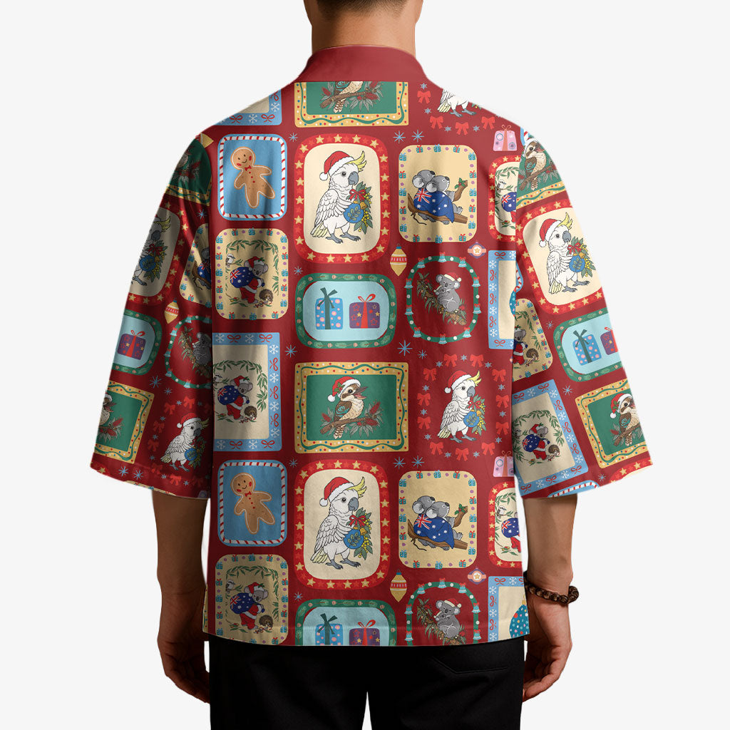 Australia Wildlife Christmas Stamp Kimono Red Aussie Native Animal Seamless Pattern