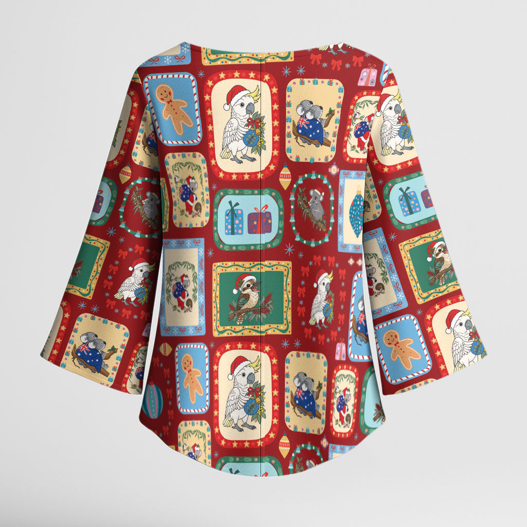 Australia Wildlife Christmas Stamp Kimono Sleeve Blouse Red Aussie Native Animal Seamless Pattern
