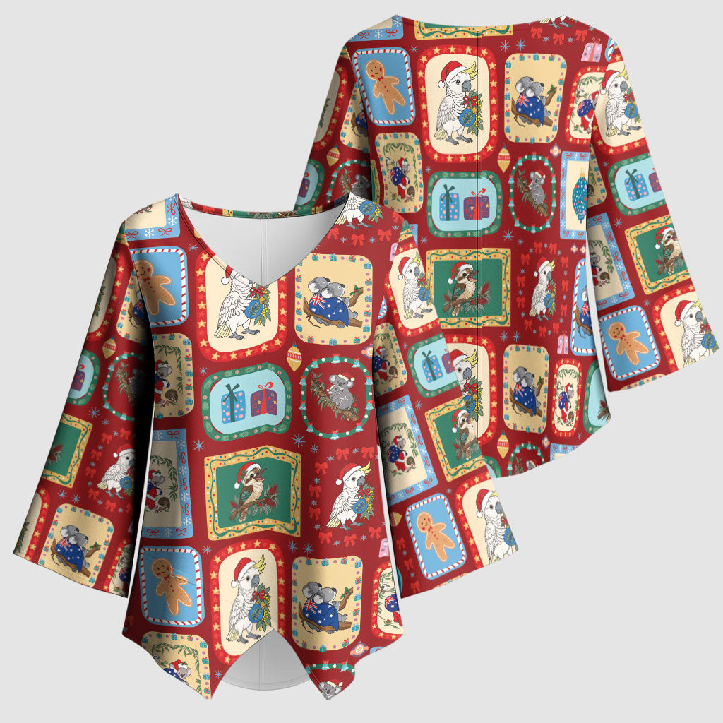 Australia Wildlife Christmas Stamp Kimono Sleeve Blouse Red Aussie Native Animal Seamless Pattern