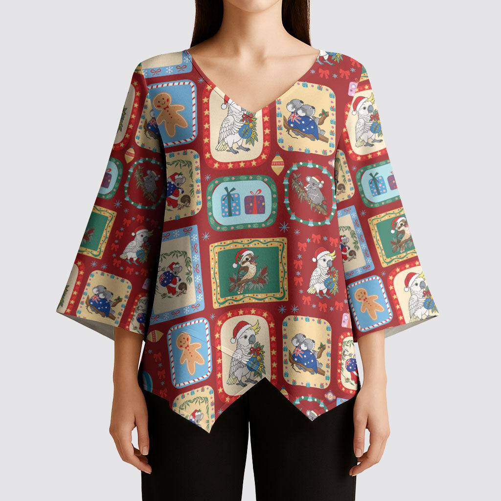 Australia Wildlife Christmas Stamp Kimono Sleeve Blouse Red Aussie Native Animal Seamless Pattern