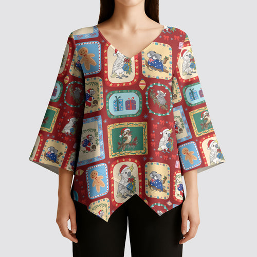 Australia Wildlife Christmas Stamp Kimono Sleeve Blouse Red Aussie Native Animal Seamless Pattern