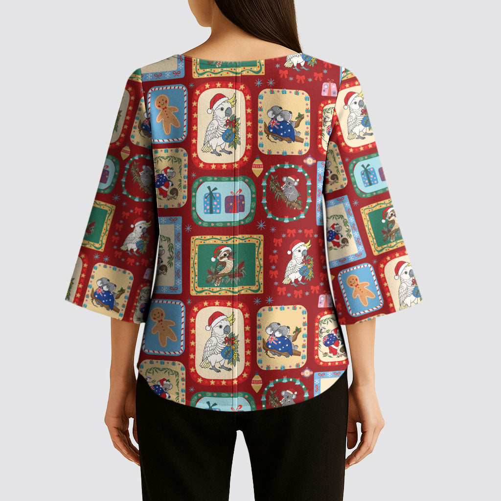 Australia Wildlife Christmas Stamp Kimono Sleeve Blouse Red Aussie Native Animal Seamless Pattern