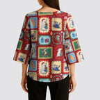 Australia Wildlife Christmas Stamp Kimono Sleeve Blouse Red Aussie Native Animal Seamless Pattern