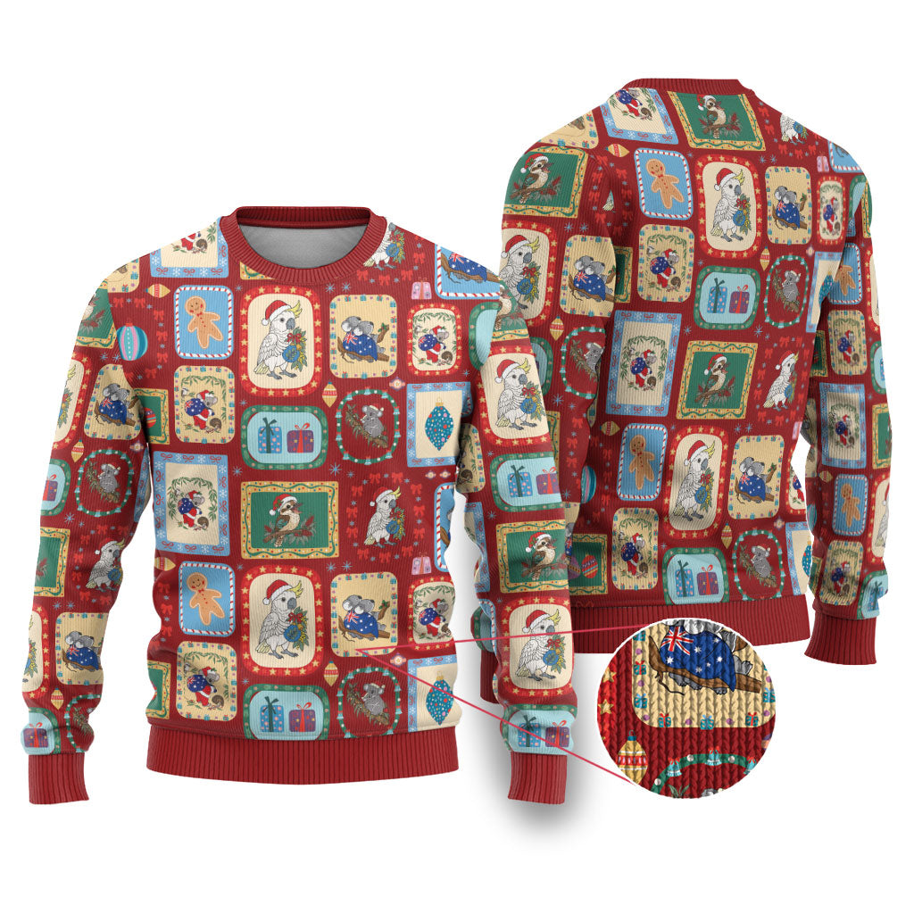 Australia Wildlife Christmas Stamps Ugly Christmas Sweater Red Aussie Native Animal Seamless Pattern