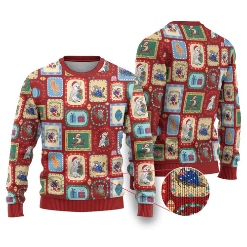 Australia Wildlife Christmas Stamps Ugly Christmas Sweater Red Aussie Native Animal Seamless Pattern