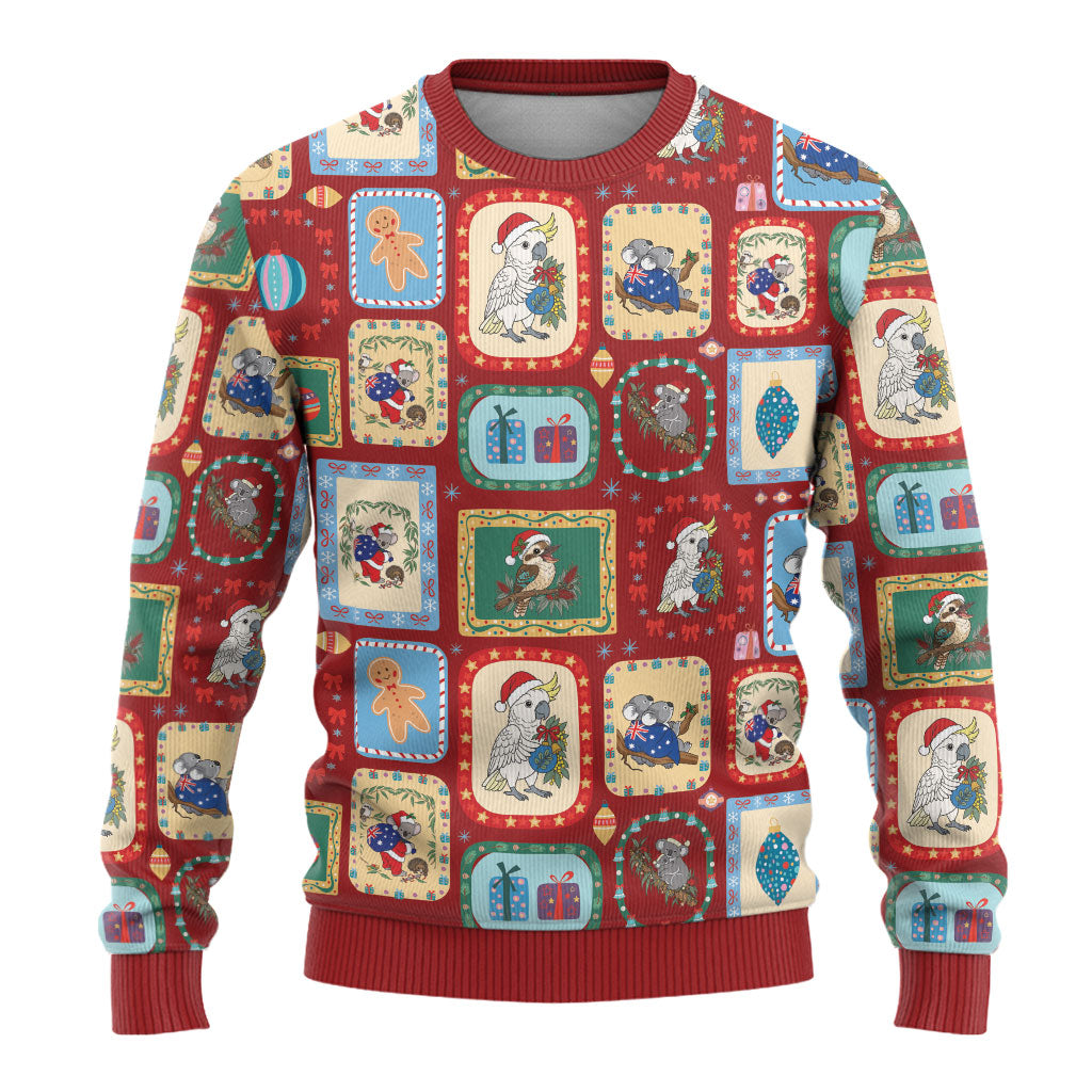 Australia Wildlife Christmas Stamps Ugly Christmas Sweater Red Aussie Native Animal Seamless Pattern