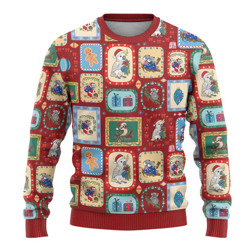 Australia Wildlife Christmas Stamps Ugly Christmas Sweater Red Aussie Native Animal Seamless Pattern
