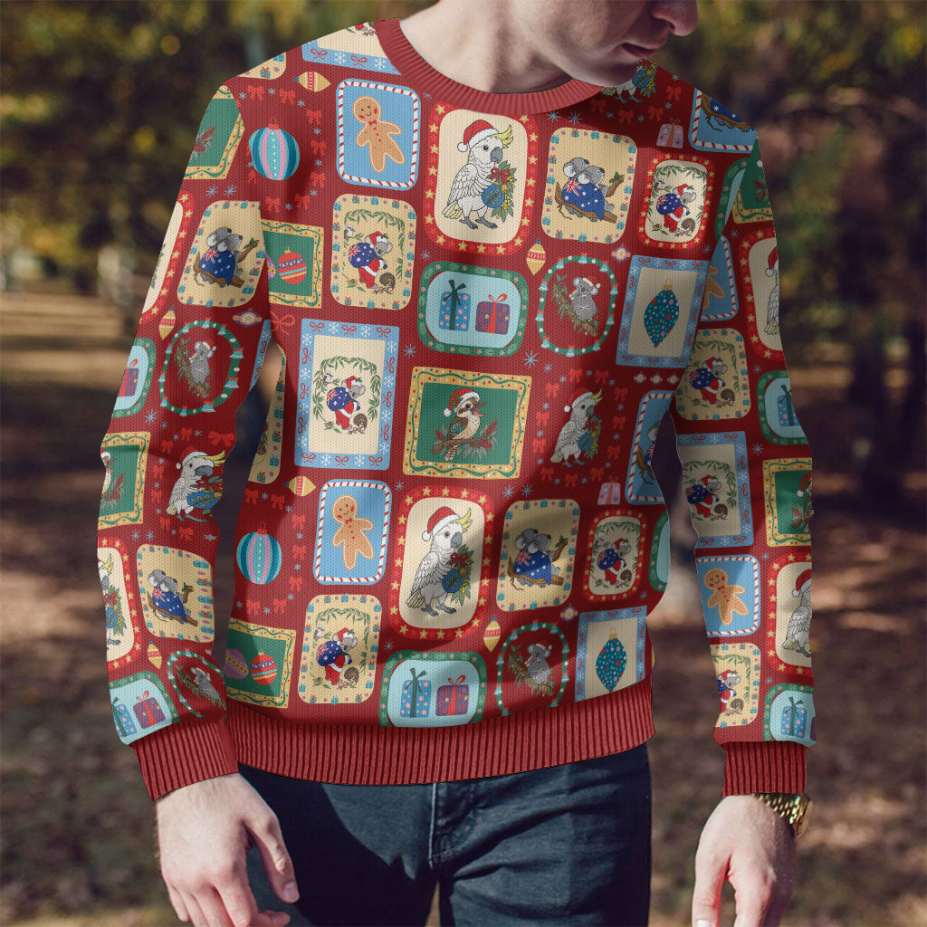 Australia Wildlife Christmas Stamps Ugly Christmas Sweater Red Aussie Native Animal Seamless Pattern
