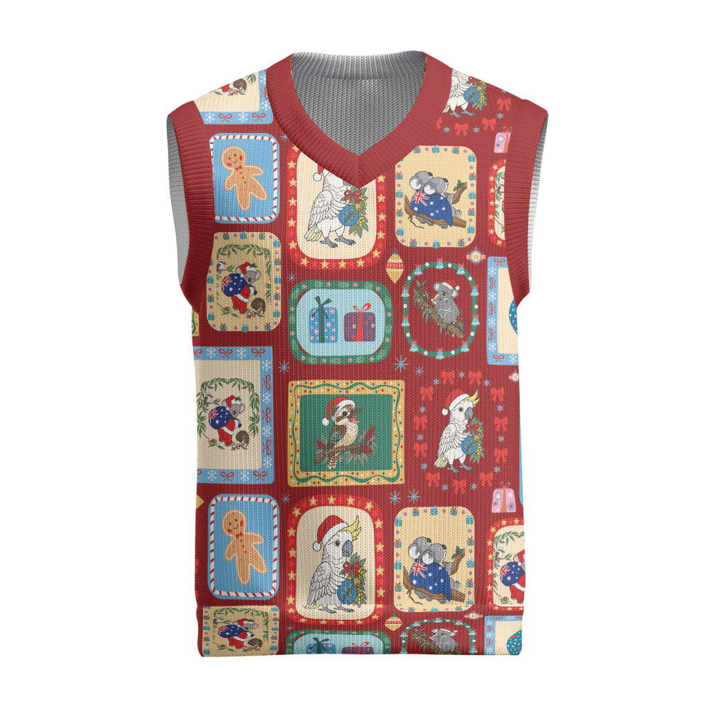Australia Wildlife Christmas Stamps Christmas Knitted V-Neck Vest Red Aussie Native Animal Seamless Pattern