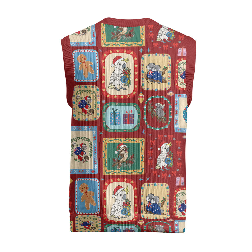 Australia Wildlife Christmas Stamps Christmas Knitted V-Neck Vest Red Aussie Native Animal Seamless Pattern