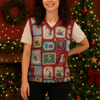 Australia Wildlife Christmas Stamps Christmas Knitted V-Neck Vest Red Aussie Native Animal Seamless Pattern