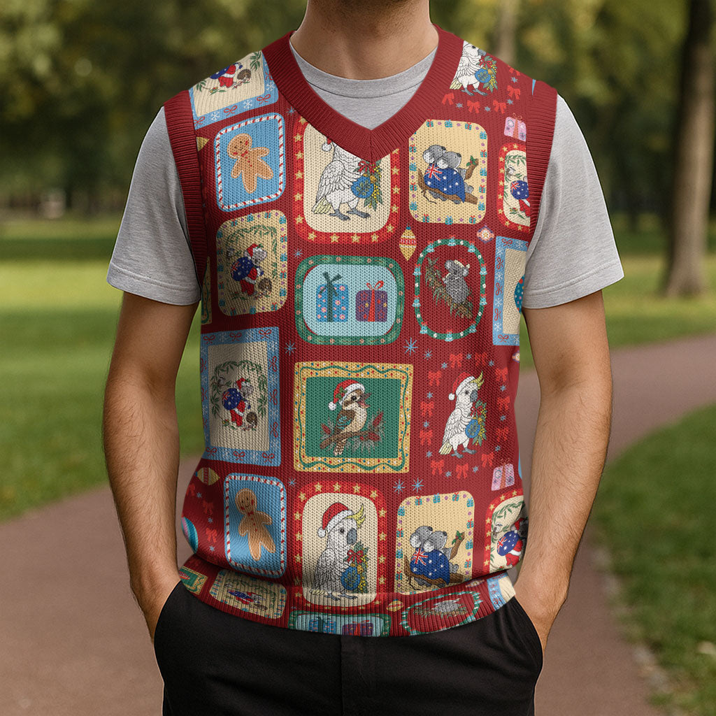 Australia Wildlife Christmas Stamps Christmas Knitted V-Neck Vest Red Aussie Native Animal Seamless Pattern