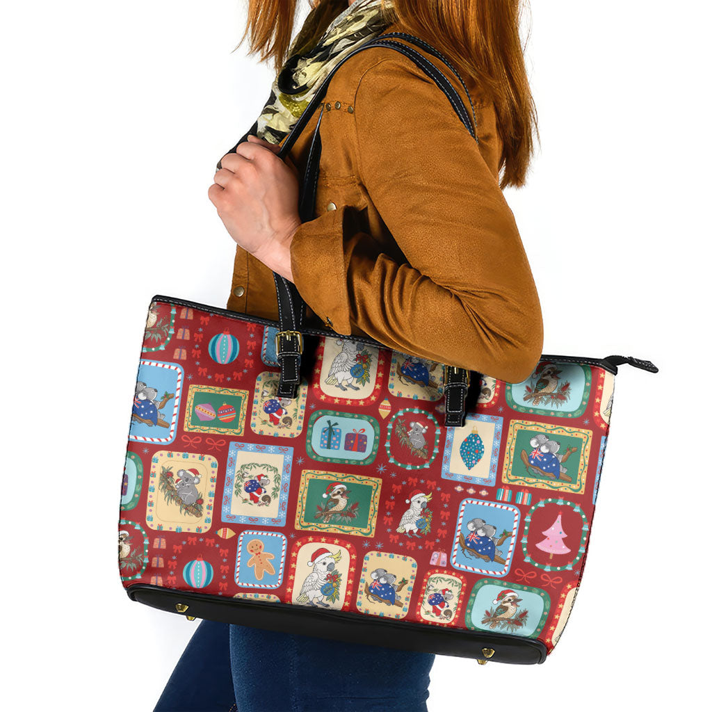 Australia Wildlife Christmas Stamp Leather Tote Bag Red Aussie Native Animal Seamless Pattern