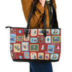 Australia Wildlife Christmas Stamp Leather Tote Bag Red Aussie Native Animal Seamless Pattern