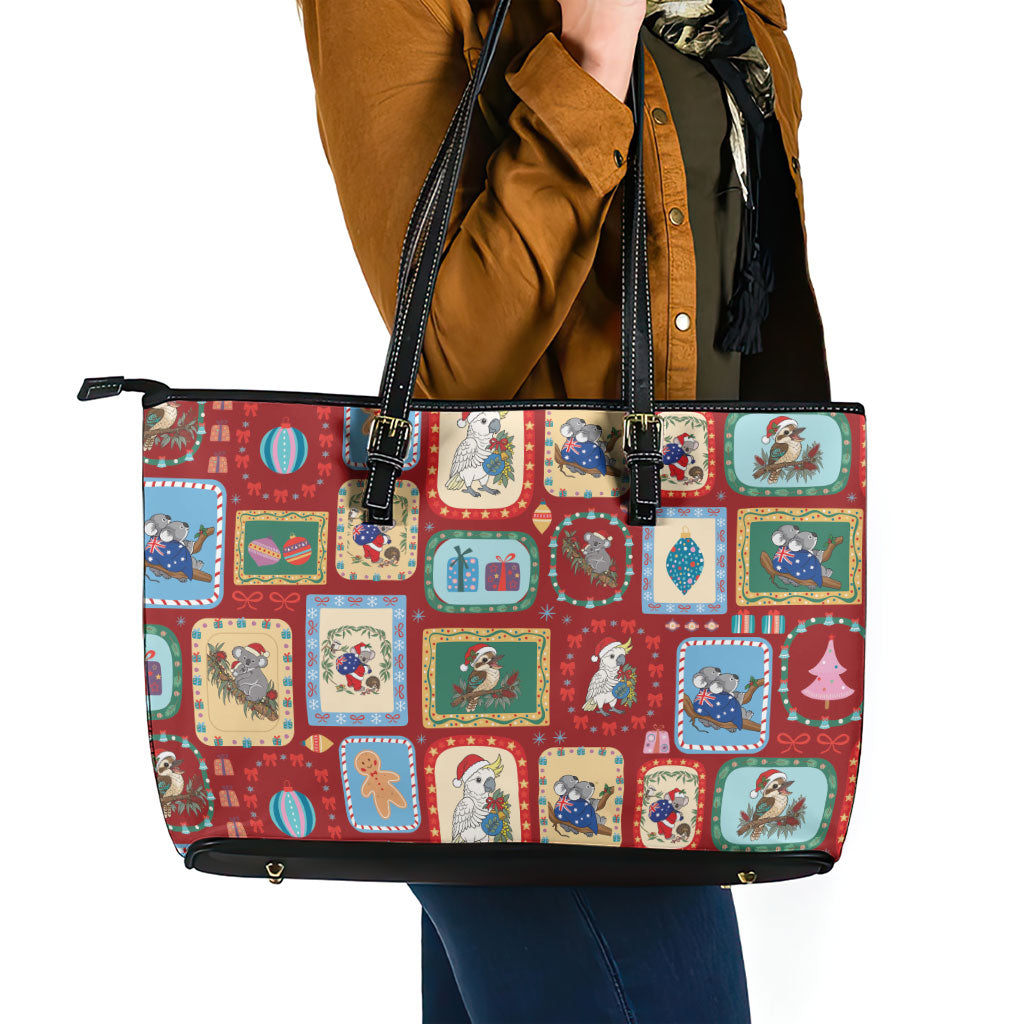 Australia Wildlife Christmas Stamp Leather Tote Bag Red Aussie Native Animal Seamless Pattern