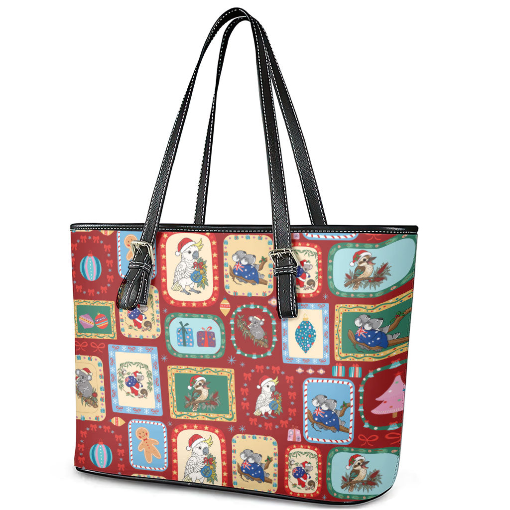 Australia Wildlife Christmas Stamp Leather Tote Bag Red Aussie Native Animal Seamless Pattern