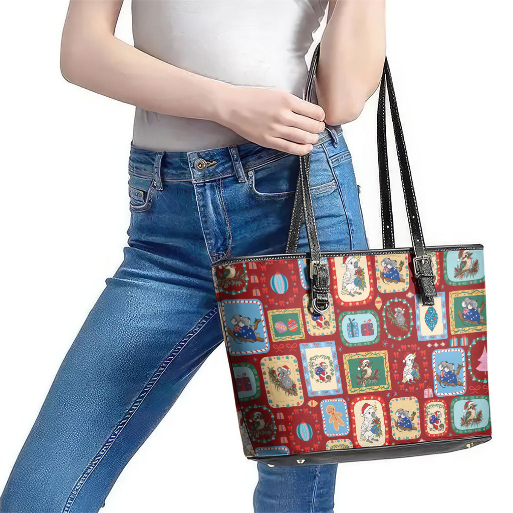 Australia Wildlife Christmas Stamp Leather Tote Bag Red Aussie Native Animal Seamless Pattern