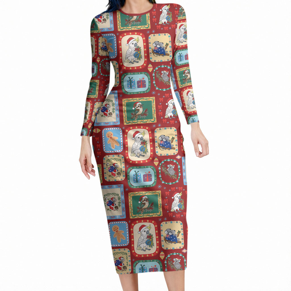 Australia Wildlife Christmas Stamp Long Sleeve Bodycon Dress Red Aussie Native Animal Seamless Pattern