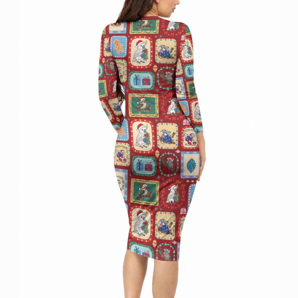 Australia Wildlife Christmas Stamp Long Sleeve Bodycon Dress Red Aussie Native Animal Seamless Pattern