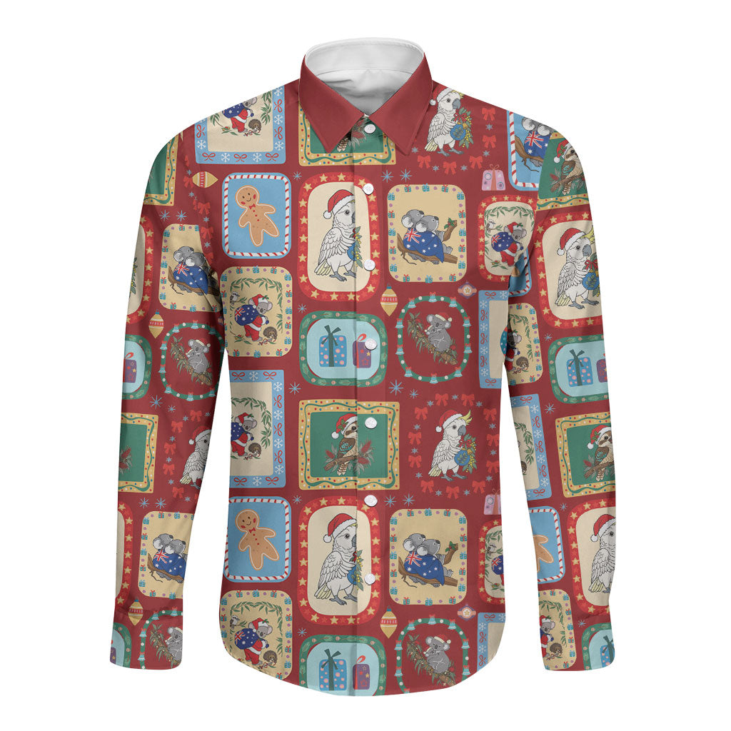 Australia Wildlife Christmas Stamp Long Sleeve Button Shirt Red Aussie Native Animal Seamless Pattern