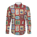 Australia Wildlife Christmas Stamp Long Sleeve Button Shirt Red Aussie Native Animal Seamless Pattern