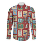 Australia Wildlife Christmas Stamp Long Sleeve Button Shirt Red Aussie Native Animal Seamless Pattern