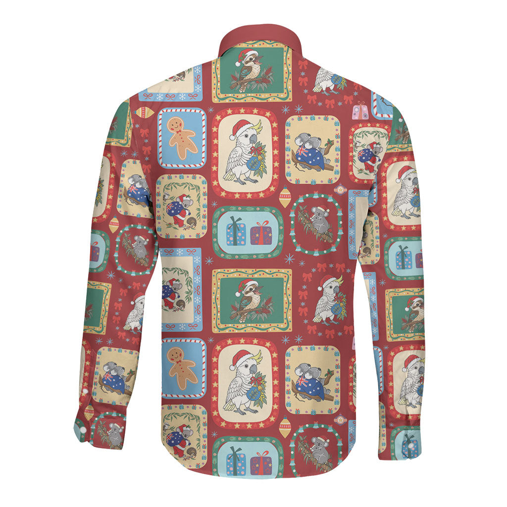 Australia Wildlife Christmas Stamp Long Sleeve Button Shirt Red Aussie Native Animal Seamless Pattern
