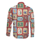 Australia Wildlife Christmas Stamp Long Sleeve Button Shirt Red Aussie Native Animal Seamless Pattern