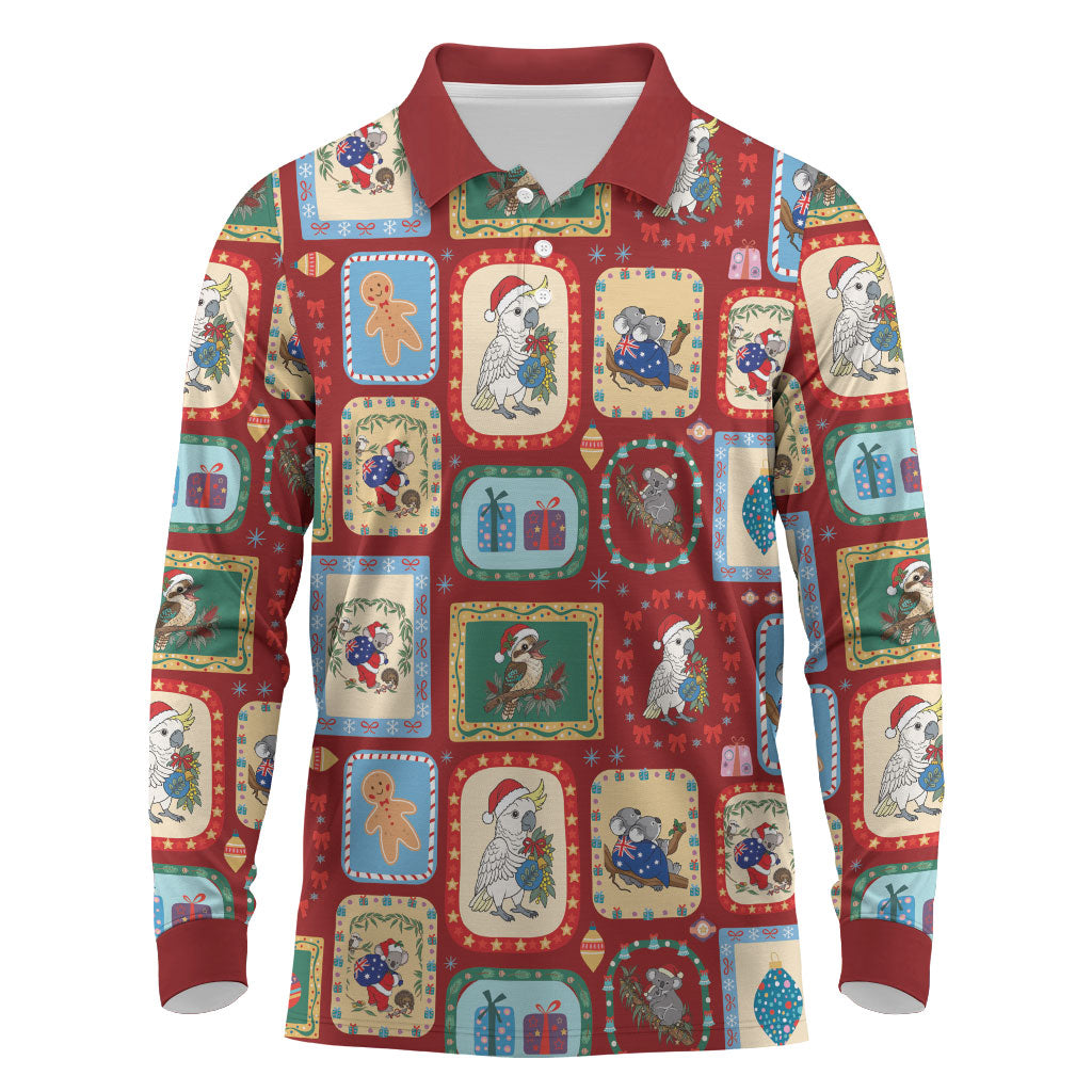 Australia Wildlife Christmas Stamp Long Sleeve Polo Shirt Red Aussie Native Animal Seamless Pattern
