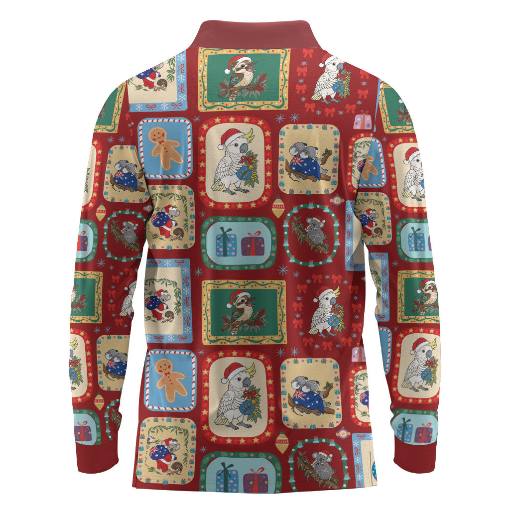 Australia Wildlife Christmas Stamp Long Sleeve Polo Shirt Red Aussie Native Animal Seamless Pattern