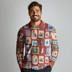 Australia Wildlife Christmas Stamp Long Sleeve Polo Shirt Red Aussie Native Animal Seamless Pattern