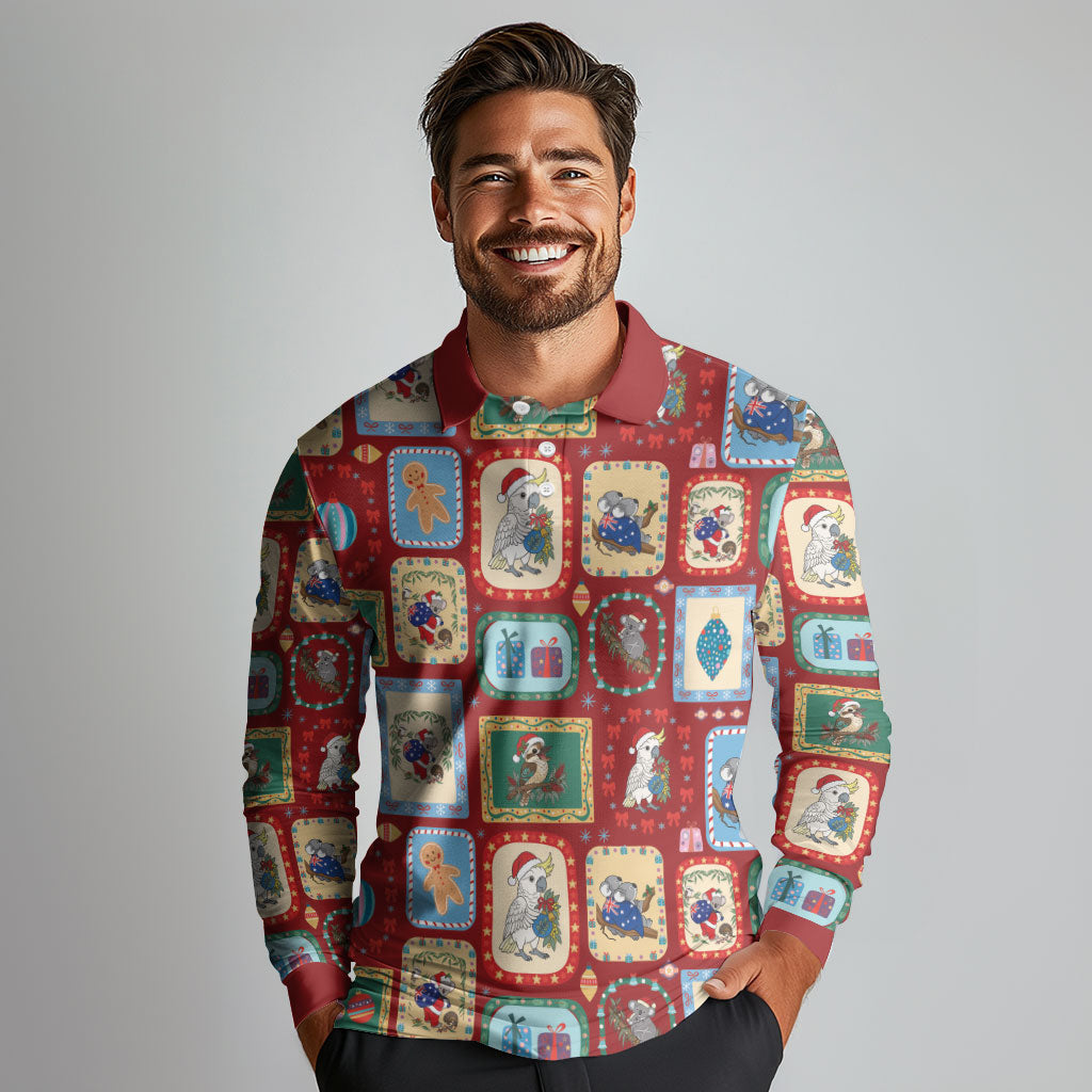 Australia Wildlife Christmas Stamp Long Sleeve Polo Shirt Red Aussie Native Animal Seamless Pattern