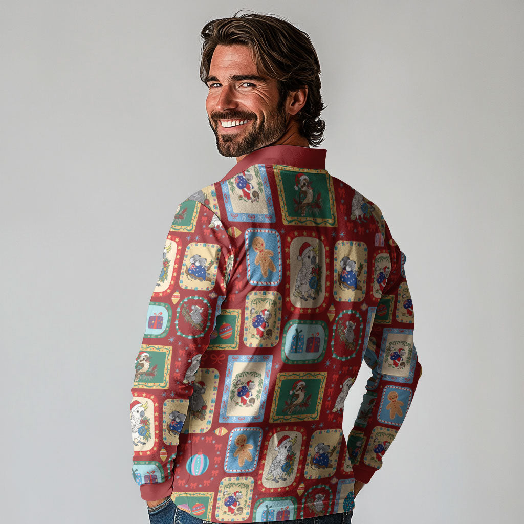 Australia Wildlife Christmas Stamp Long Sleeve Polo Shirt Red Aussie Native Animal Seamless Pattern