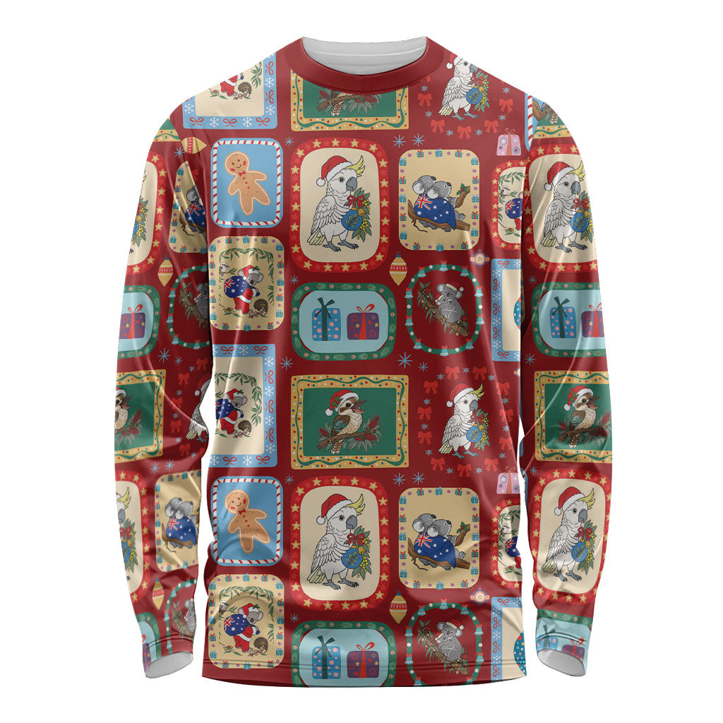 Australia Wildlife Christmas Stamp Long Sleeve Shirt Red Aussie Native Animal Seamless Pattern