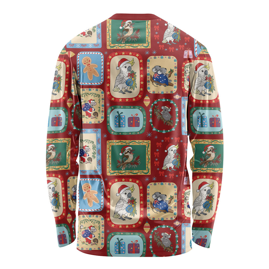 Australia Wildlife Christmas Stamp Long Sleeve Shirt Red Aussie Native Animal Seamless Pattern